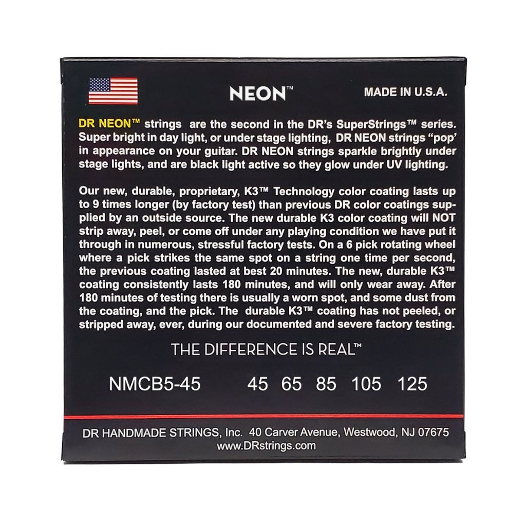 DR Strings Hi-Def Neon Multi-Color K3 Coated 5-string Bass Guitar Strings - Medium 45-125 Bass Strings Sky Music