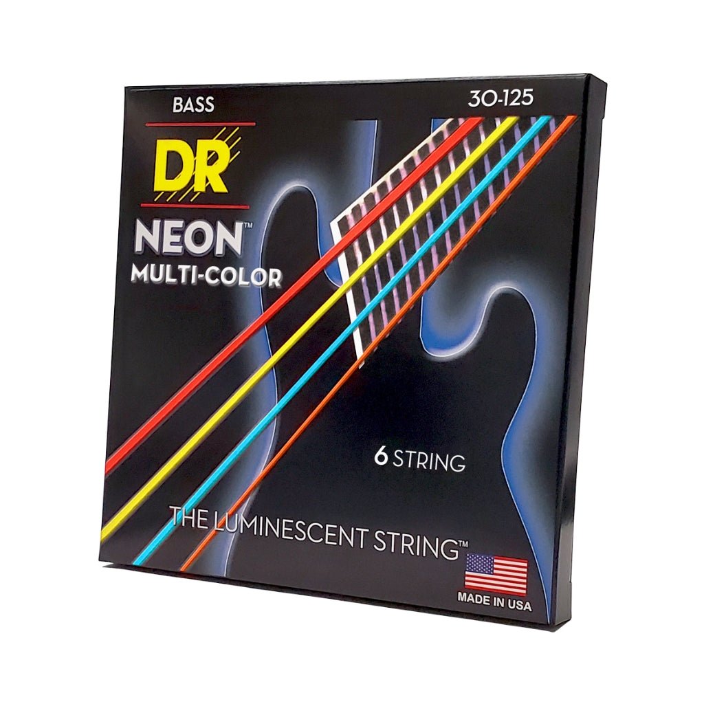 DR Strings Hi-Def Neon Multi-Color K3 Coated 6-string Bass Guitar Strings - Medium 30-125 Bass Strings Sky Music