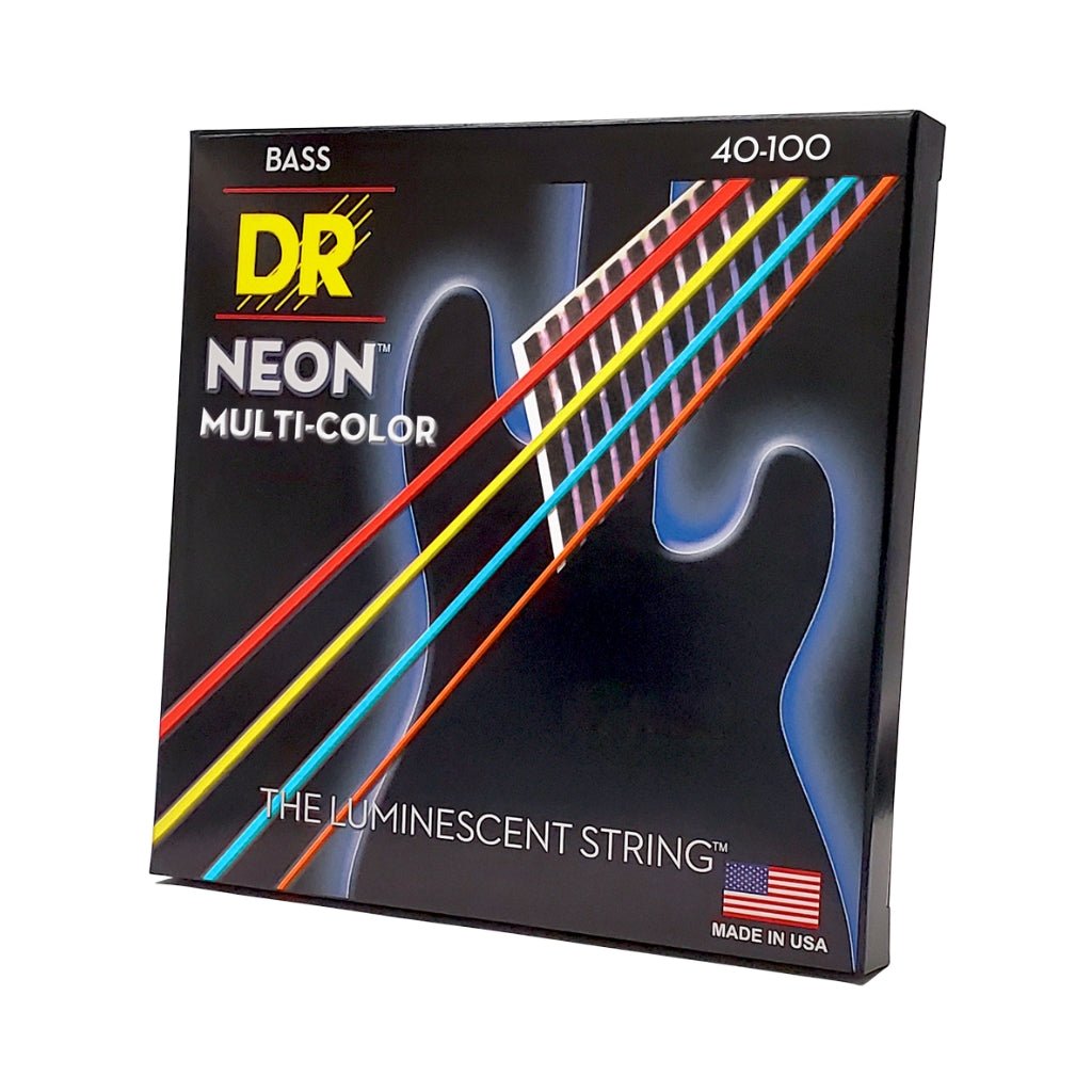 DR Strings Hi-Def Neon Multi-Color K3 Coated Bass Guitar Strings - Light 40-100 Bass Strings Sky Music