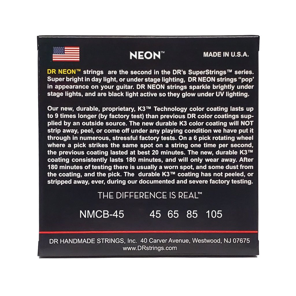 DR Strings Hi-Def Neon Multi-Color K3 Coated Bass Guitar Strings - Medium 45-105 Bass Strings Sky Music