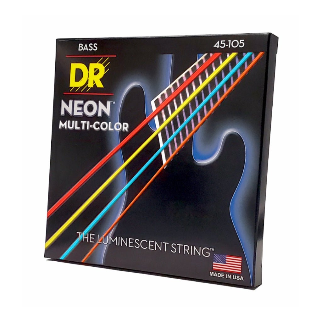 DR Strings Hi-Def Neon Multi-Color K3 Coated Bass Guitar Strings - Medium 45-105 Bass Strings Sky Music