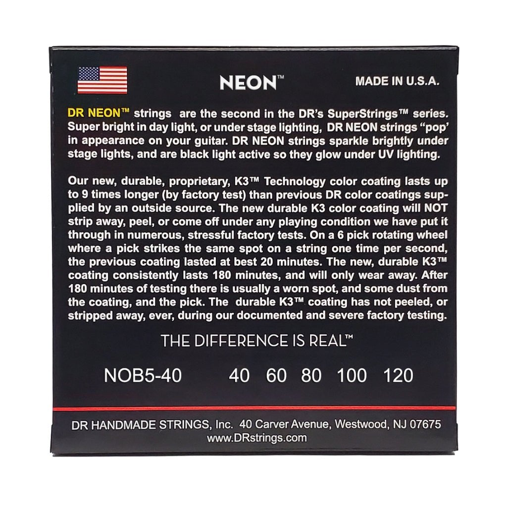 DR Strings Hi-Def Neon Orange K3 Coated 5-string Bass Guitar Strings - Light 40-120 Bass Strings Sky Music