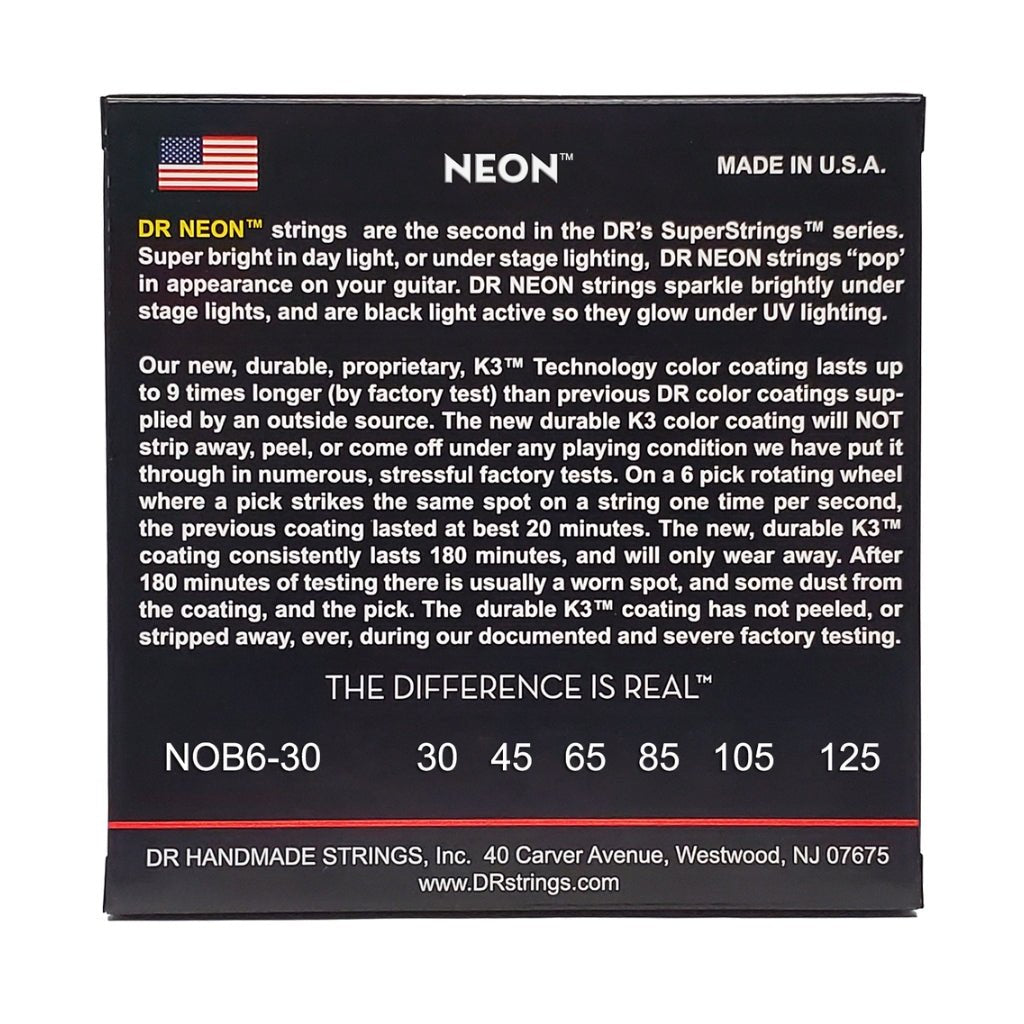 DR Strings Hi-Def Neon Orange K3 Coated 6-string Bass Guitar Strings - Medium 30-125 Bass Strings Sky Music