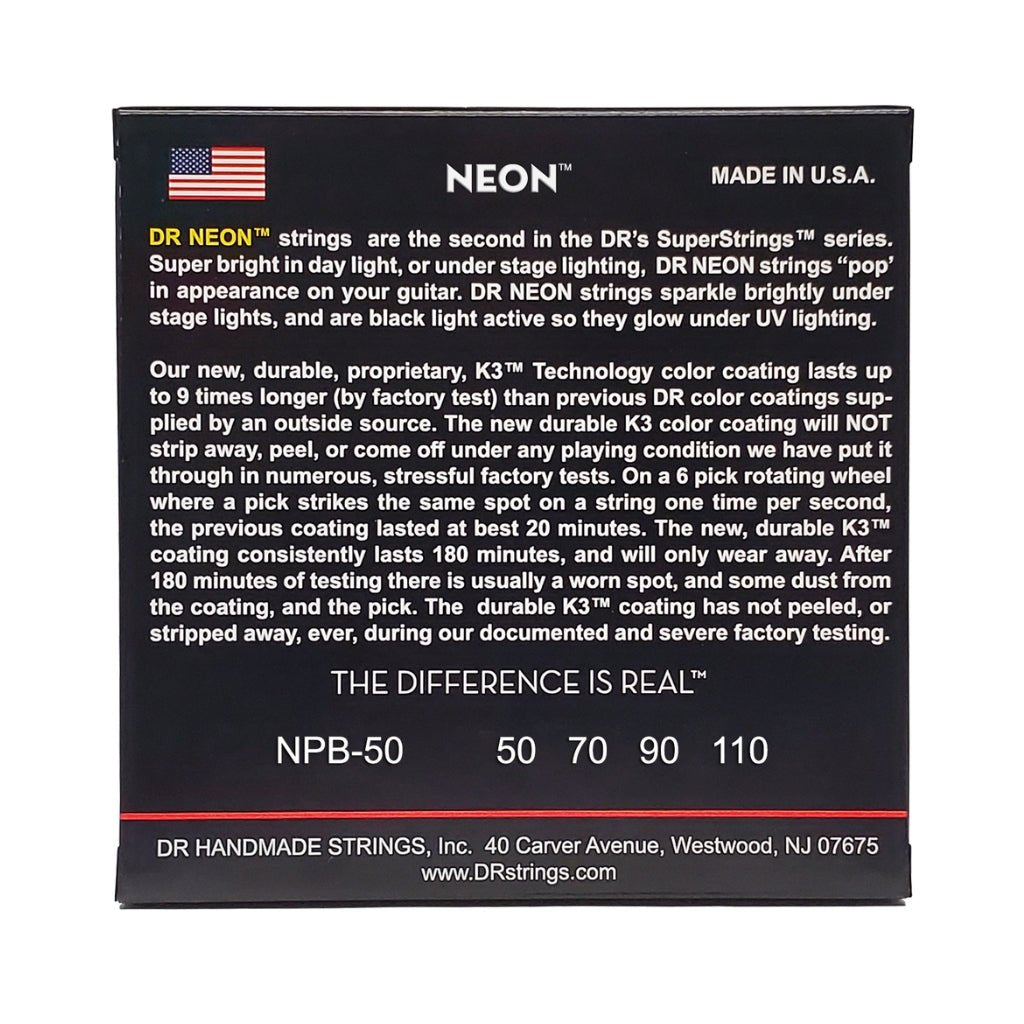 DR Strings Hi-Def Neon Purple K3 Coated Bass Guitar Strings - Heavy 50-110 Bass Strings Sky Music