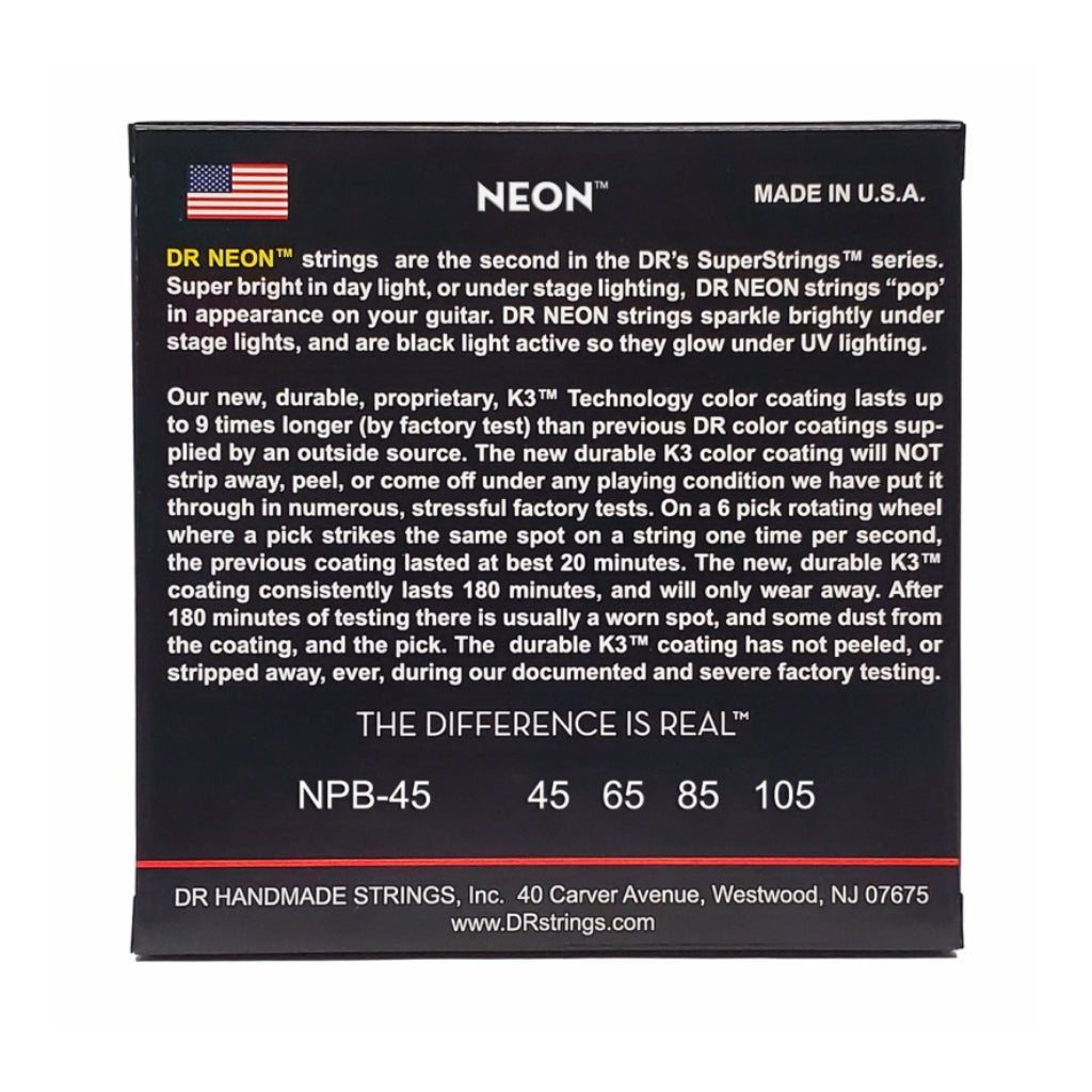 DR Strings Hi-Def Neon Purple K3 Coated Bass Guitar Strings - Medium 45-105 Bass Strings Sky Music