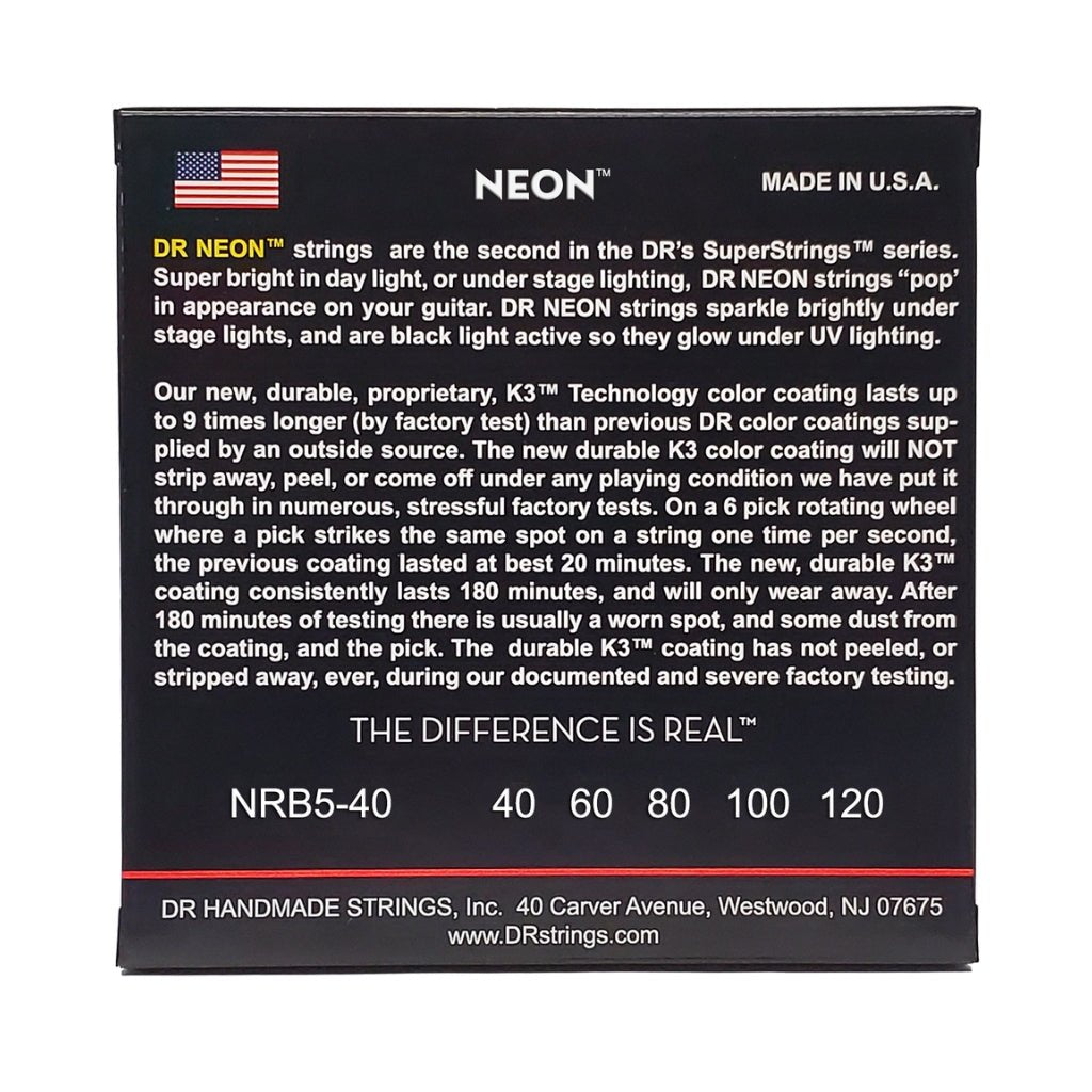 DR Strings Hi-Def Neon Red K3 Coated 5-string Bass Guitar Strings - Light 40-120 Bass Strings Sky Music