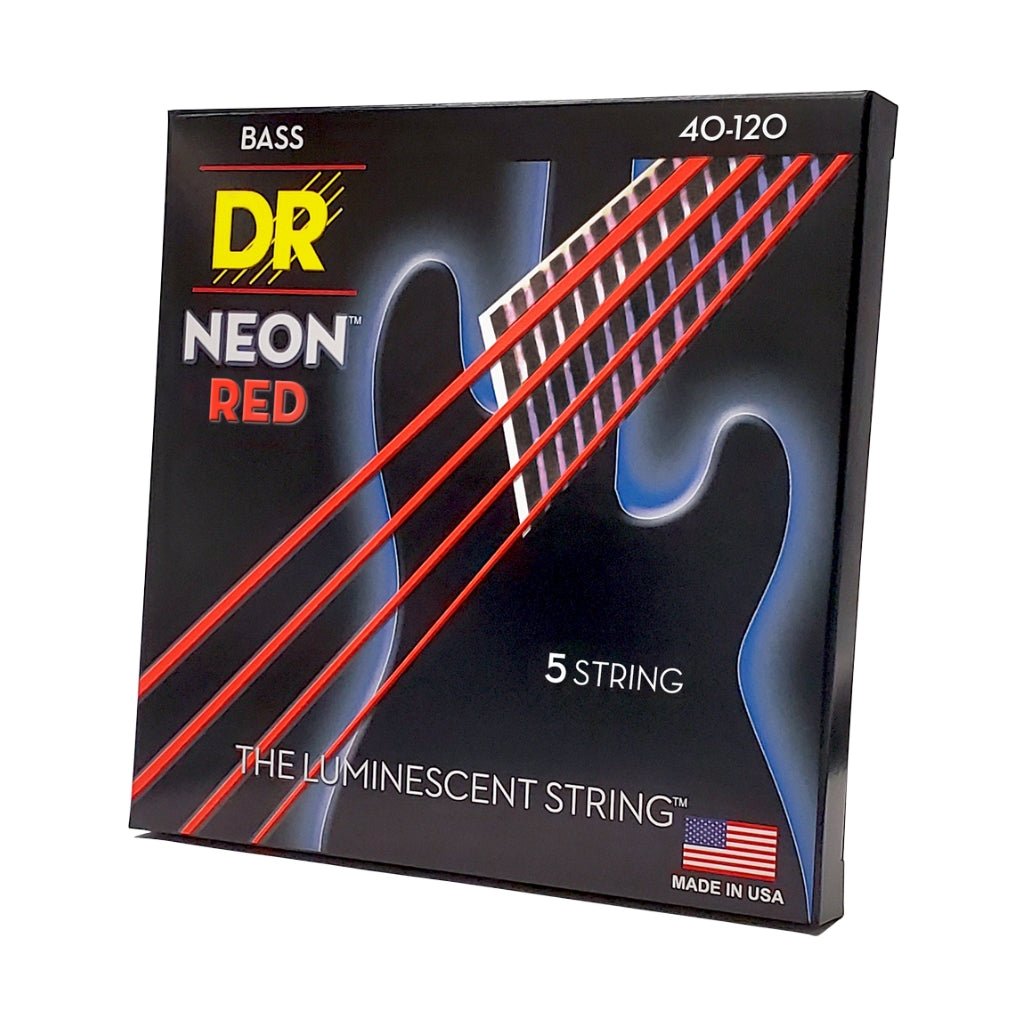 DR Strings Hi-Def Neon Red K3 Coated 5-string Bass Guitar Strings - Light 40-120 Bass Strings Sky Music