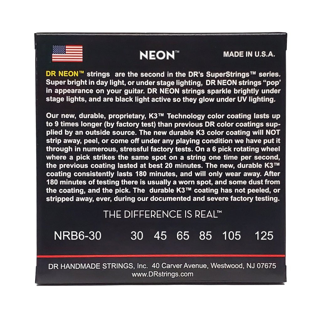 DR Strings Hi-Def Neon Red K3 Coated 6-string Bass Guitar Strings - Medium 30-125 Bass Strings Sky Music