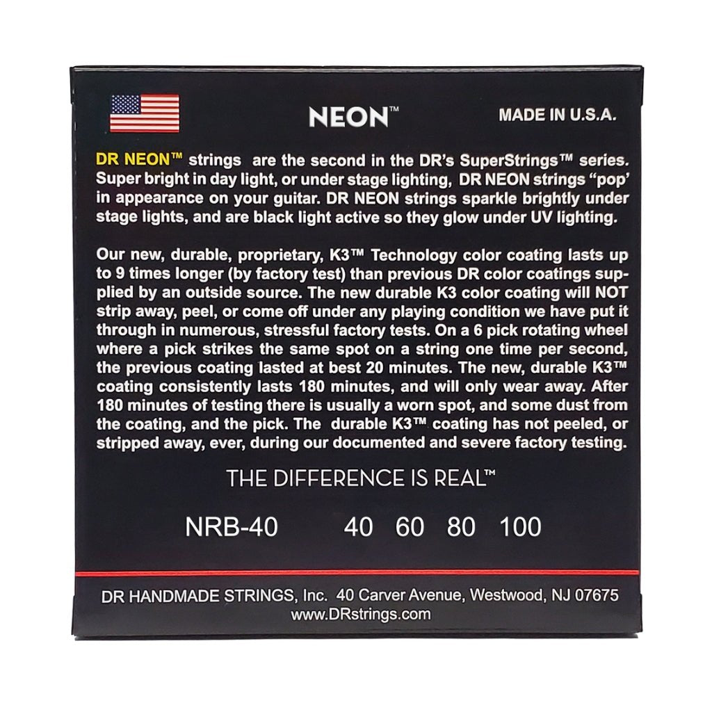 DR Strings Hi-Def Neon Red K3 Coated Bass Guitar Strings - Light 40-100 Bass Strings Sky Music
