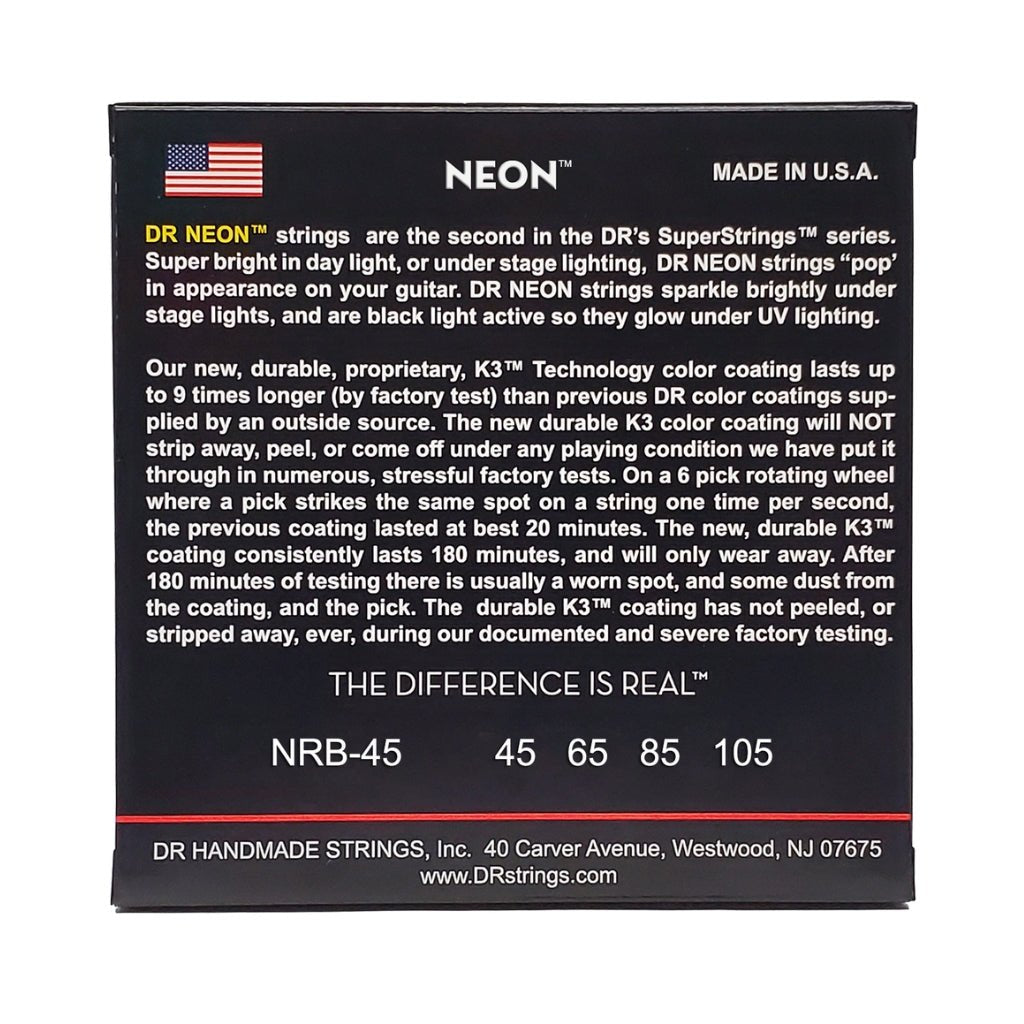 DR Strings Hi-Def Neon Red K3 Coated Bass Guitar Strings - Medium 45-105 Bass Strings Sky Music