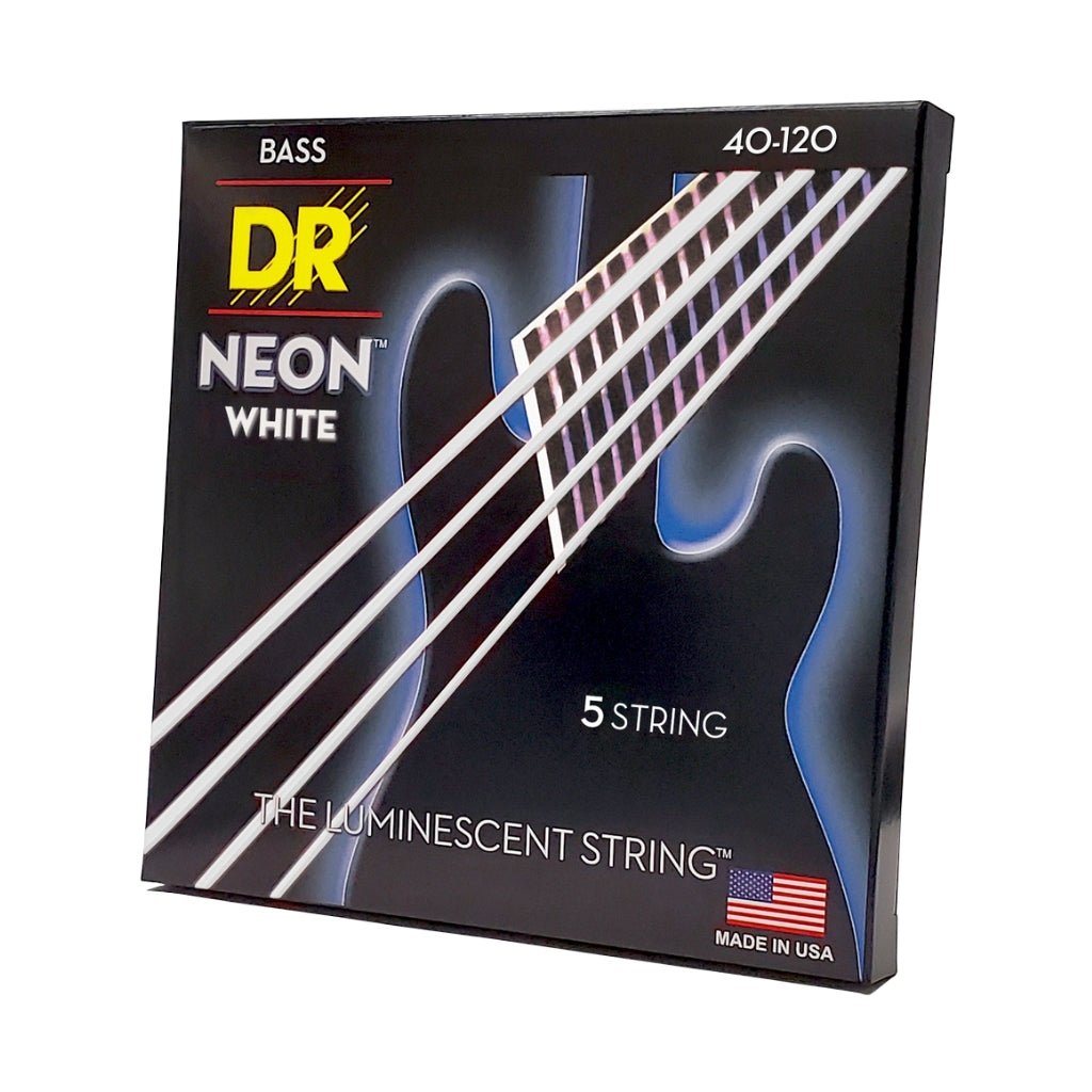 DR Strings Hi-Def Neon White K3 Coated 5-string Bass Guitar Strings - Light 40-120 Bass Strings Sky Music