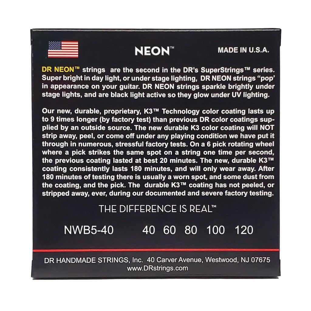 DR Strings Hi-Def Neon White K3 Coated 5-string Bass Guitar Strings - Light 40-120 Bass Strings Sky Music