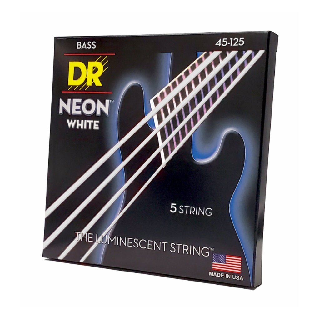 DR Strings Hi-Def Neon White K3 Coated 5-string Bass Guitar Strings - Medium 45-125 Bass Strings Sky Music