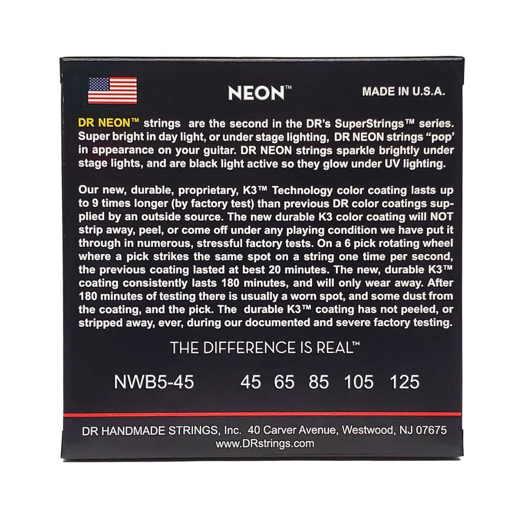 DR Strings Hi-Def Neon White K3 Coated 5-string Bass Guitar Strings - Medium 45-125 Bass Strings Sky Music