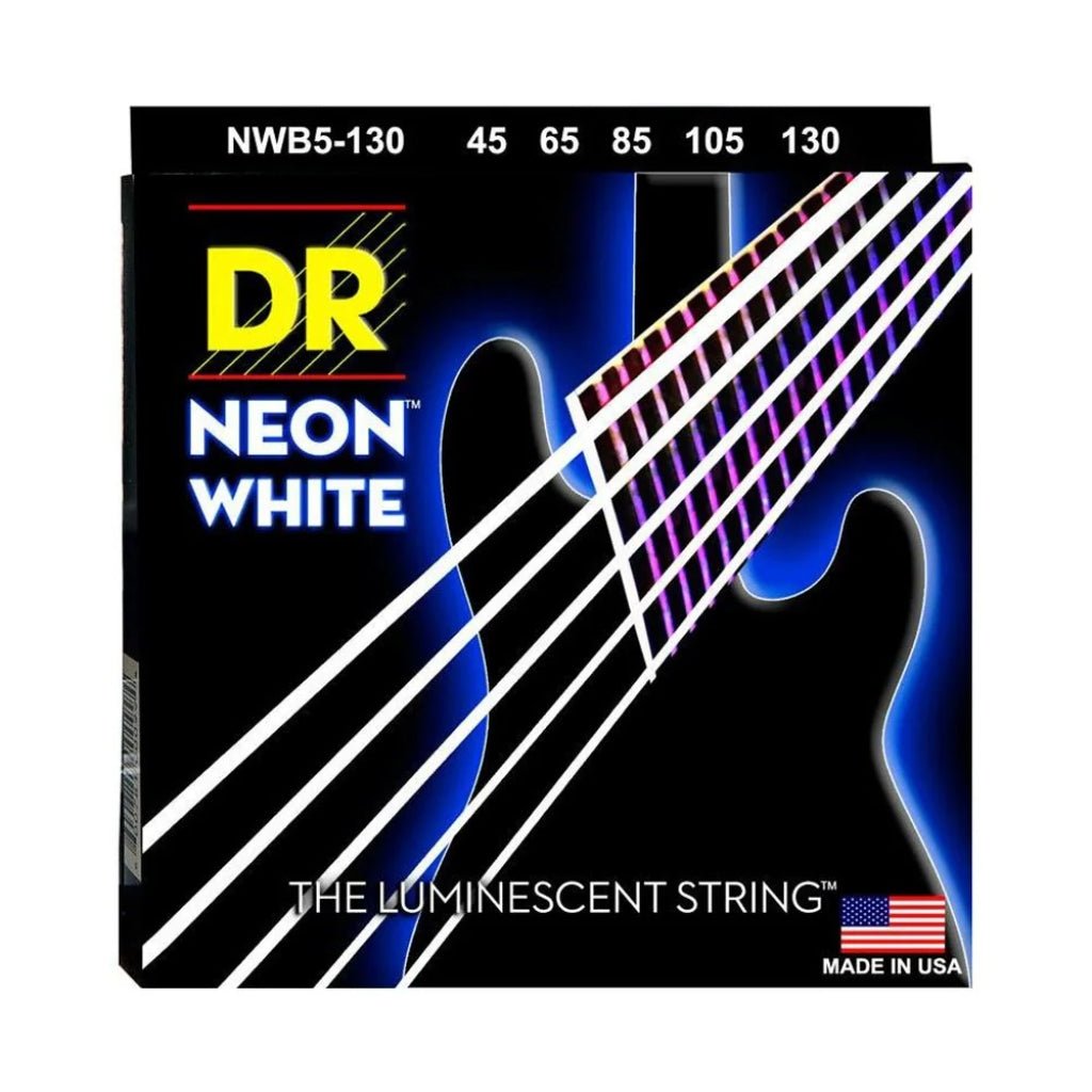 DR Strings Hi-Def Neon White K3 Coated 5-string Bass Guitar Strings - Medium to Heavy 45-130 Bass Strings Sky Music