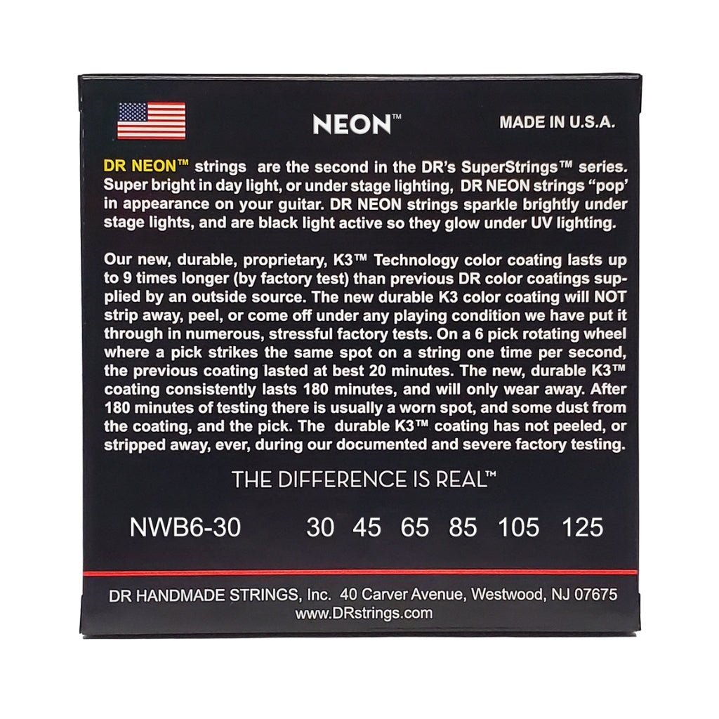 DR Strings Hi-Def Neon White K3 Coated 6-string Bass Guitar Strings - Medium 30-125 Bass Strings Sky Music