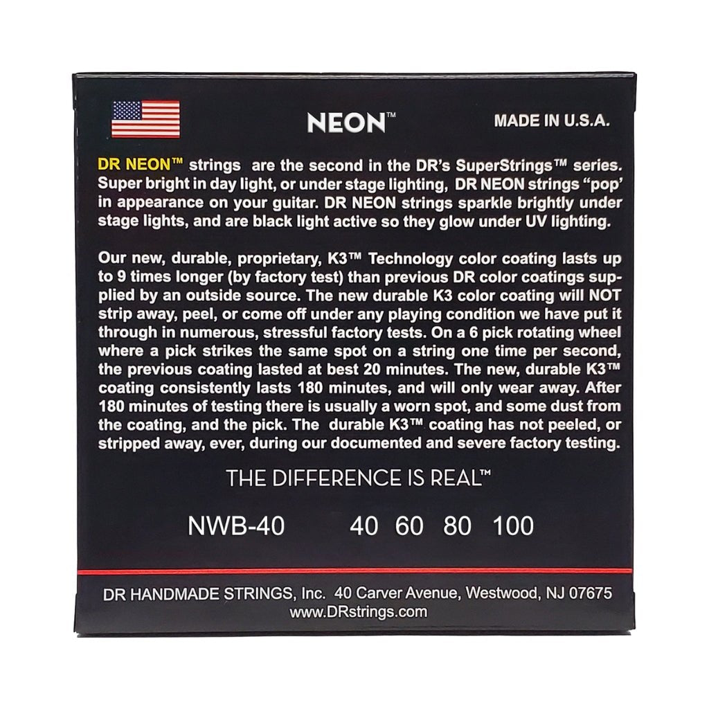 DR Strings Hi-Def Neon White K3 Coated Bass Guitar Strings - Light 40-100 Bass Strings Sky Music