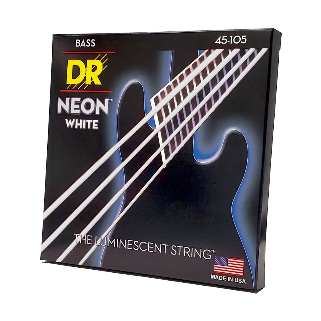 DR Strings Hi-Def Neon White K3 Coated Bass Guitar Strings - Medium 45-105 Bass Strings Sky Music