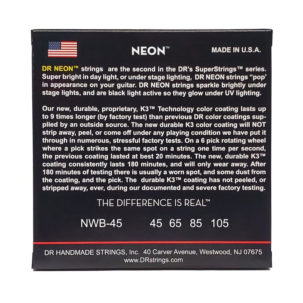 DR Strings Hi-Def Neon White K3 Coated Bass Guitar Strings - Medium 45-105 Bass Strings Sky Music