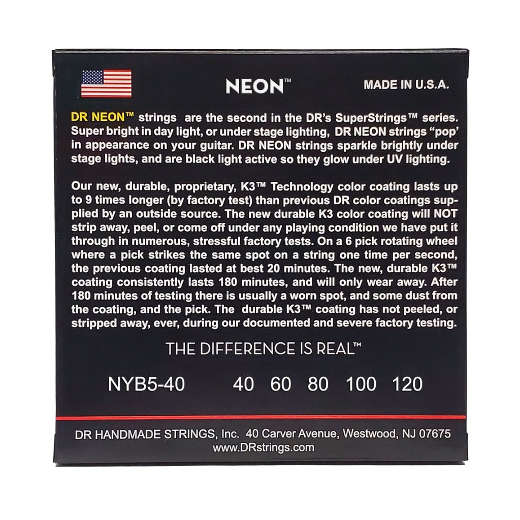 DR Strings Hi-Def Neon Yellow K3 Coated 5-string Bass Guitar Strings - Light 40-120 Bass Strings Sky Music