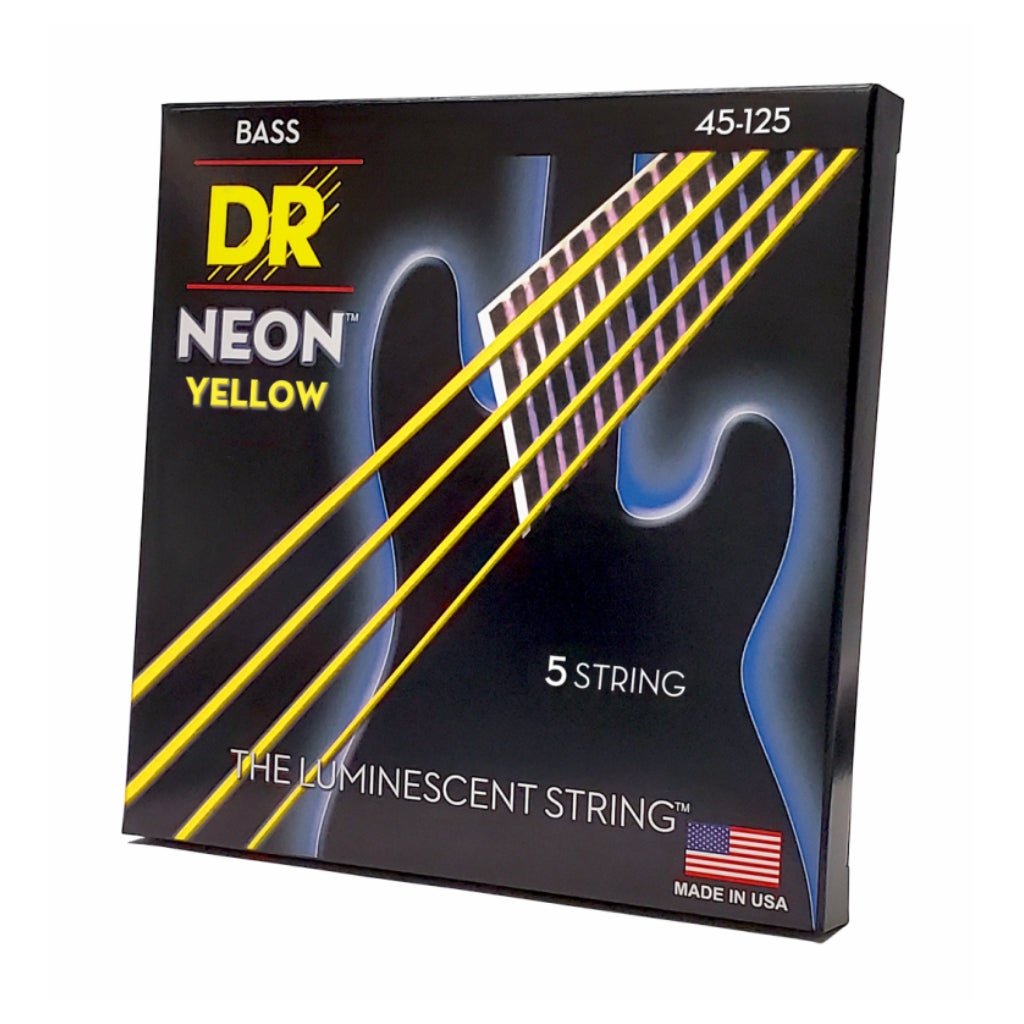 DR Strings Hi-Def Neon Yellow K3 Coated 5-string Bass Guitar Strings - Medium 45-125 Bass Strings Sky Music