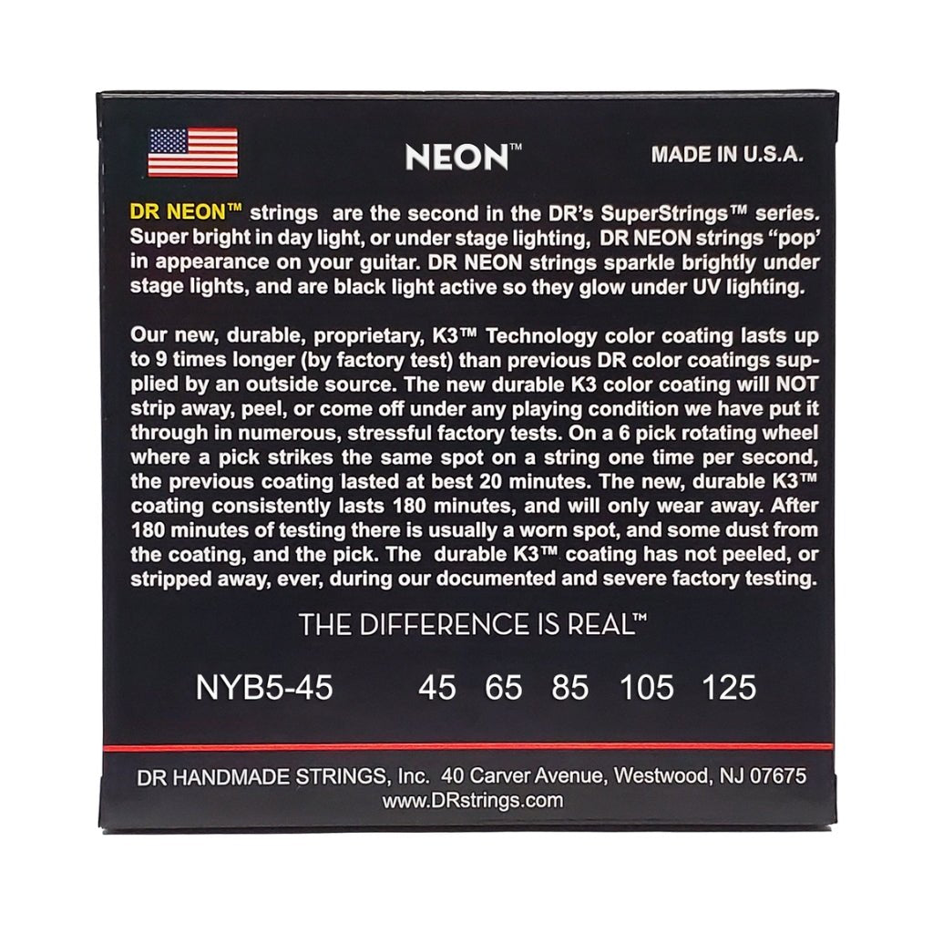 DR Strings Hi-Def Neon Yellow K3 Coated 5-string Bass Guitar Strings - Medium 45-125 Bass Strings Sky Music