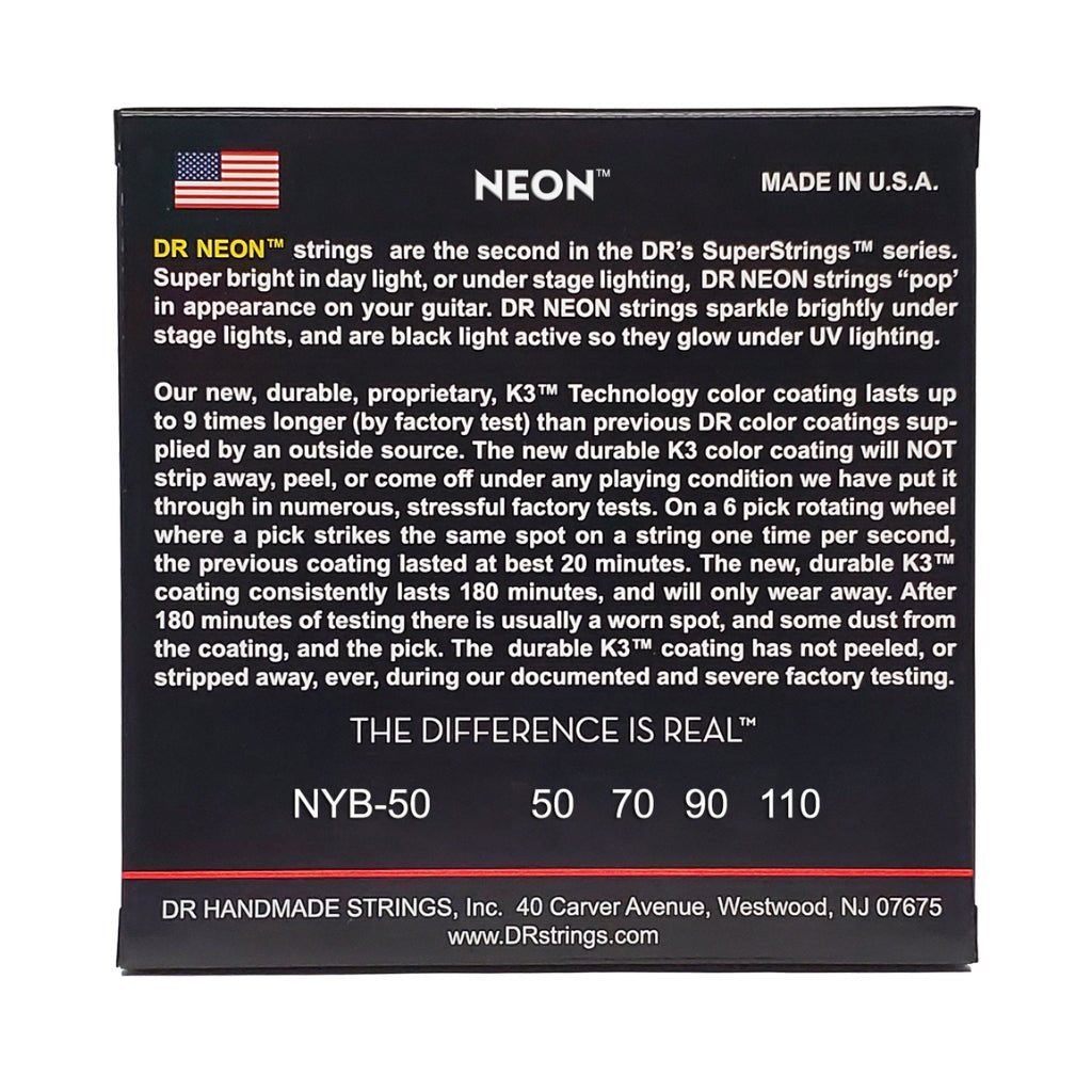 DR Strings Hi-Def Neon Yellow K3 Coated Bass Guitar Strings - Heavy 50-110 Bass Strings Sky Music