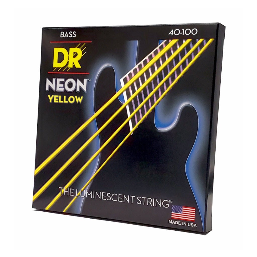 DR Strings Hi-Def Neon Yellow K3 Coated Bass Guitar Strings - Light 40-100 Bass Strings Sky Music