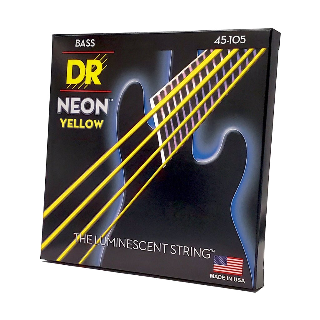 DR Strings Hi-Def Neon Yellow K3 Coated Bass Guitar Strings - Medium 45-105 Bass Strings Sky Music