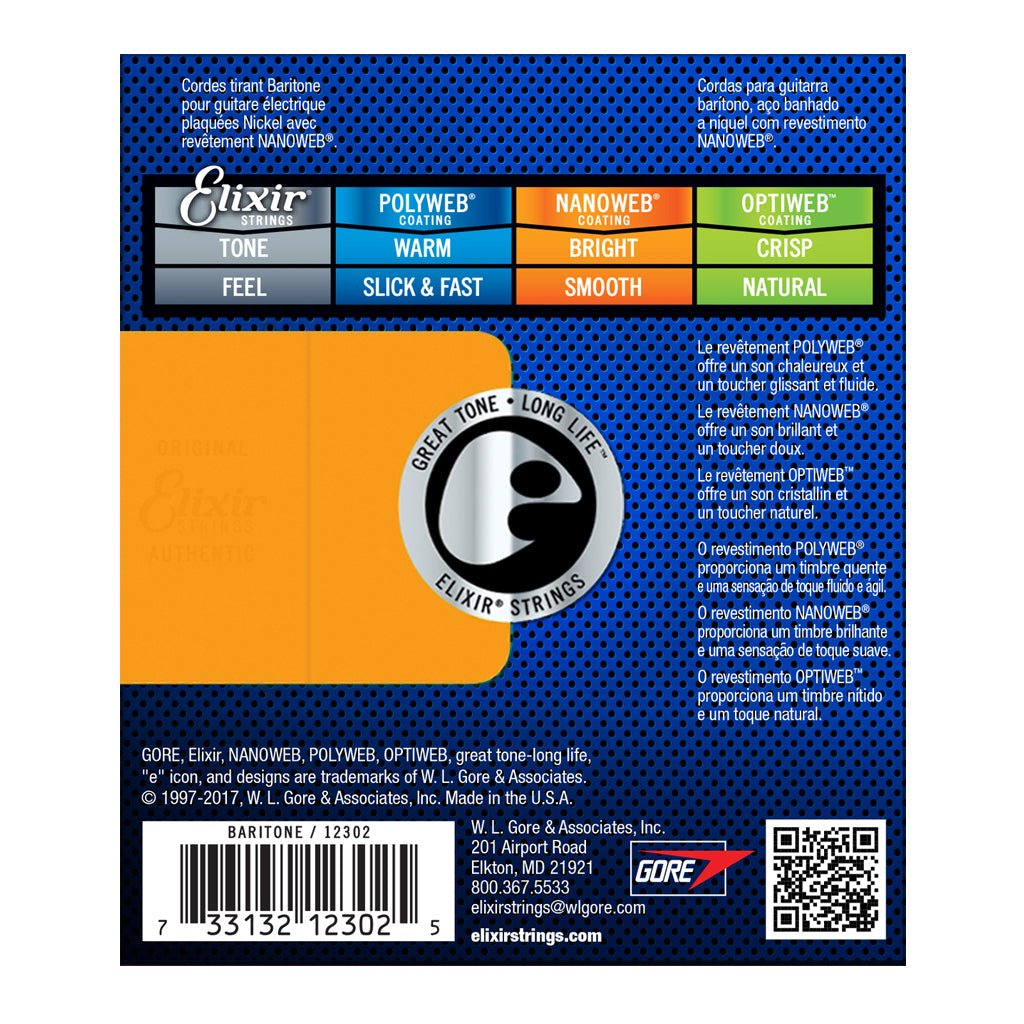 Elixir 12302 Nanoweb Electric Baritone 12-68 Guitar Strings Sky Music