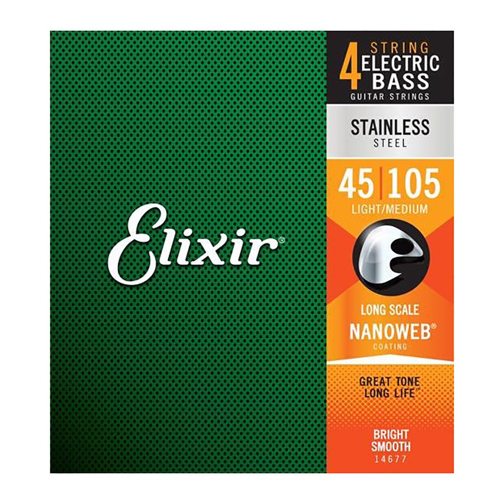Elixir 14677 Stainless Nanoweb Electric Bass Guitar Strings - 45-105 Light Medium Fretted Instrument Strings Sky Music