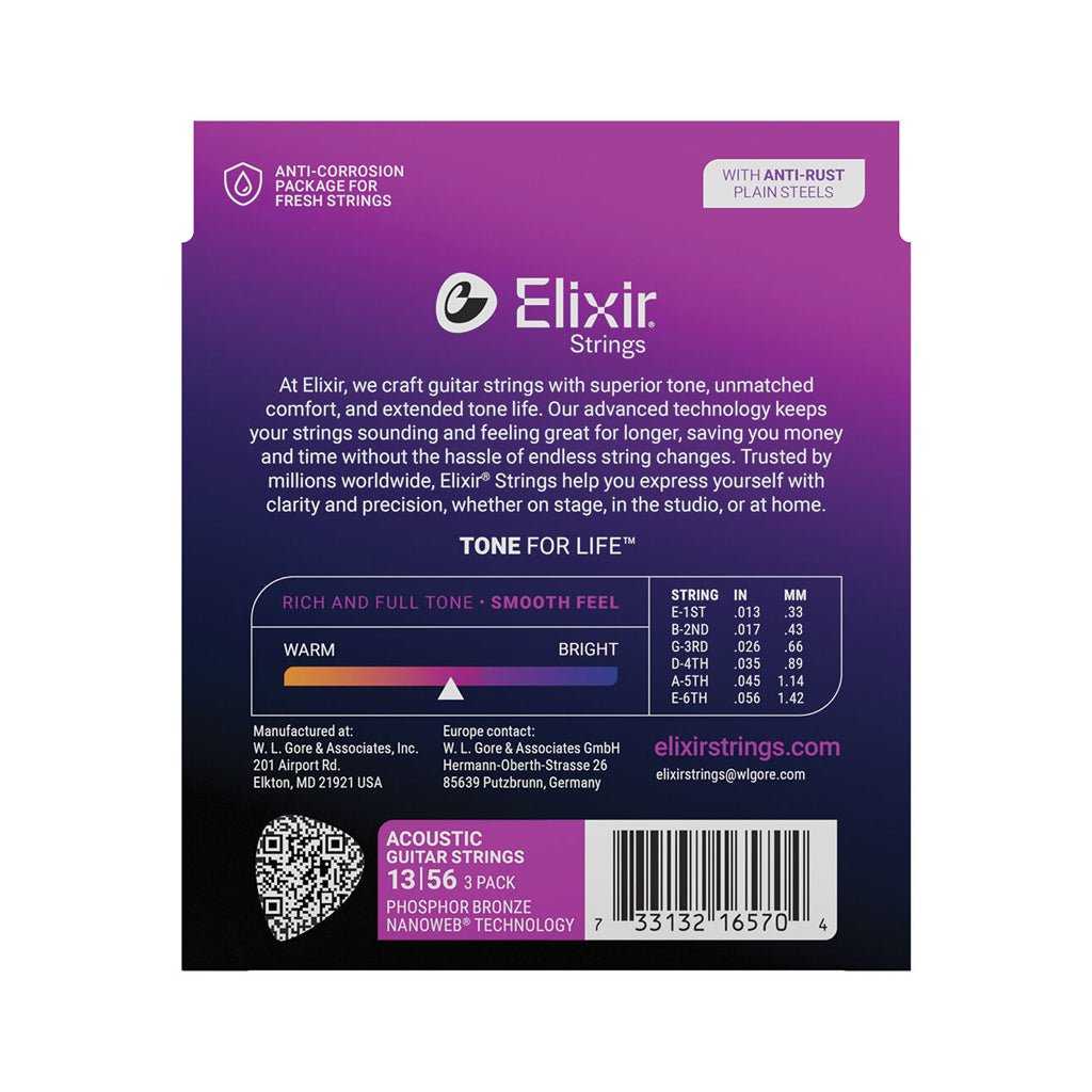 Elixir 16570 Nanoweb Phosphor Bronze 13-56 3 Pack Medium Fretted Instrument Strings Sky Music