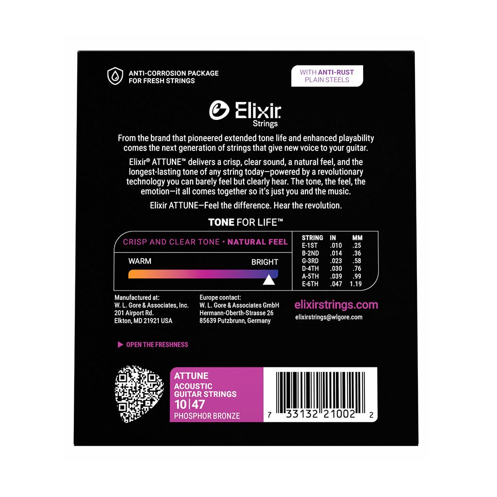 Elixir Attune Phosphor Bronze 10-47 Acoustic Guitar Strings - Extra Light Fretted Instrument Strings Sky Music