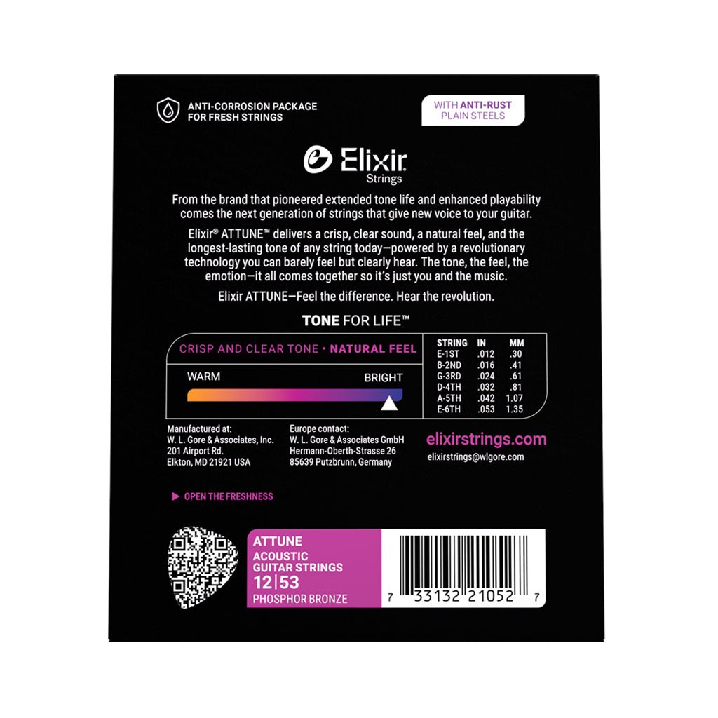 Elixir Attune Phosphor Bronze 12-53 Acoustic Guitar Strings - Light Fretted Instrument Strings Sky Music