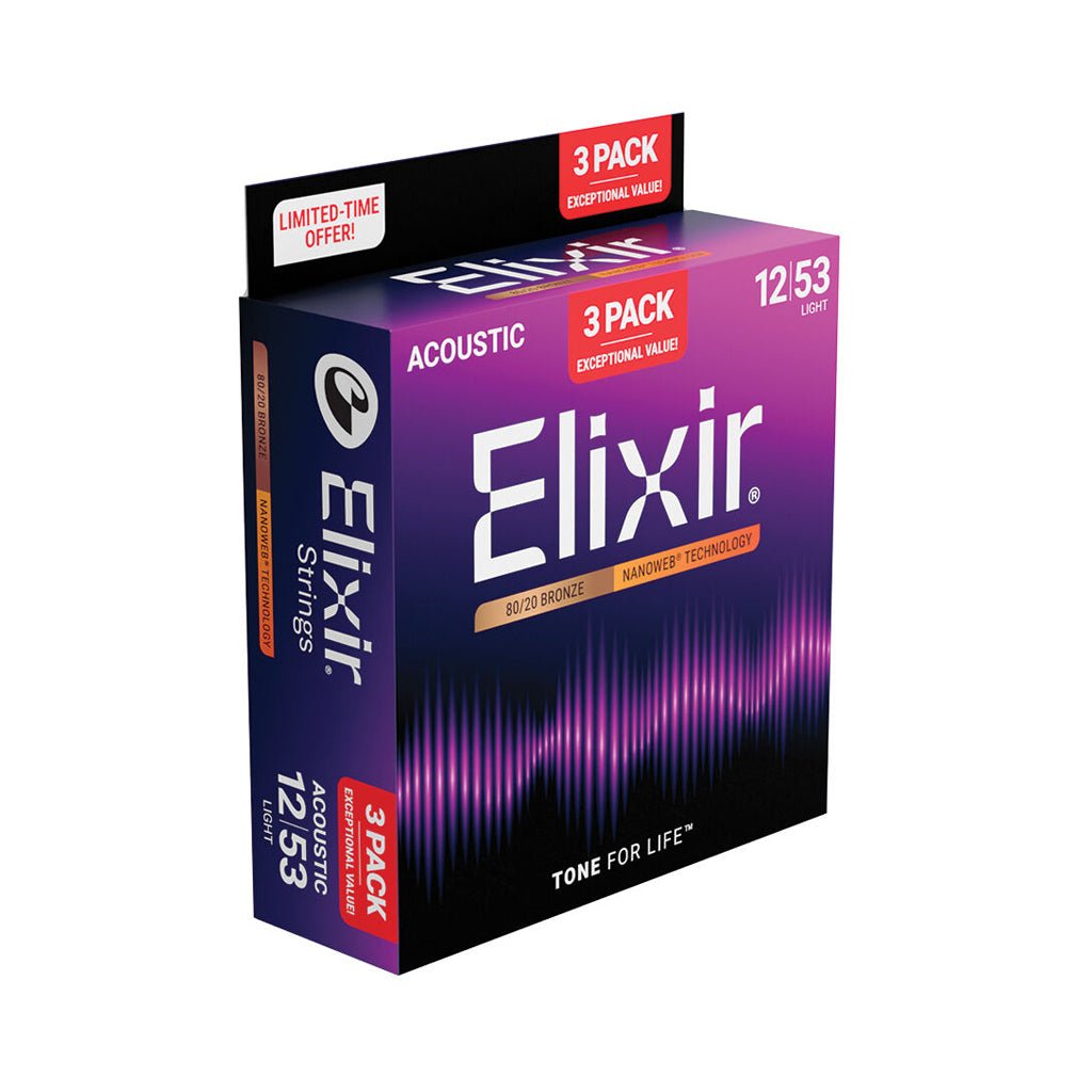 Elixir E16565 Bronze Nanoweb Acoustic Guitar Strings - 12-53 Light, 3-Pack Fretted Instrument Strings Sky Music