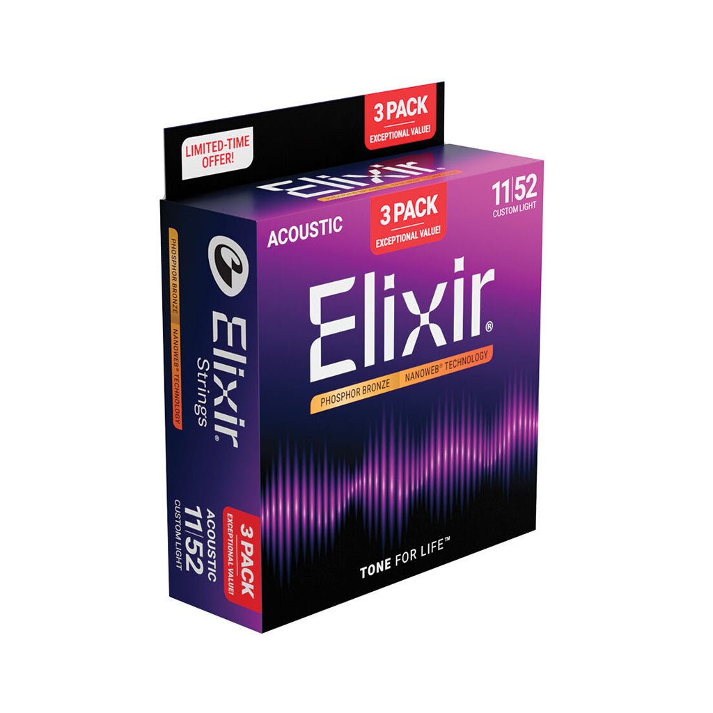 Elixir E16568 Phosphor Bronze Nanoweb Acoustic Guitar Strings - 11-52 Custom Light, 3-Pack Fretted Instrument Strings Sky Music
