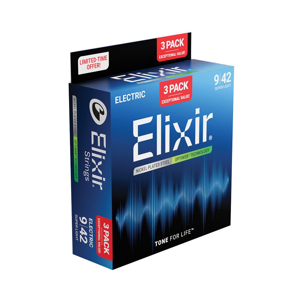 Elixir E16571 Nickel Optiweb Electric Guitar Strings - 9-42 Super Light, 3-Pack Fretted Instrument Strings Sky Music