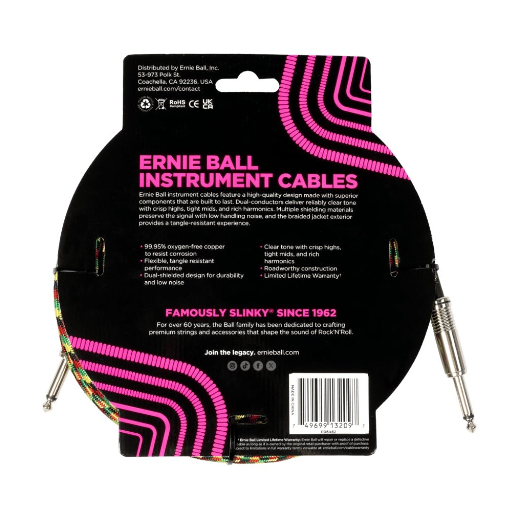 Ernie Ball Braided Instrument Cable - 1/4-inch TS to 1/4-inch TS, 18 feet, Good Vibrations Instrument Cables Sky Music
