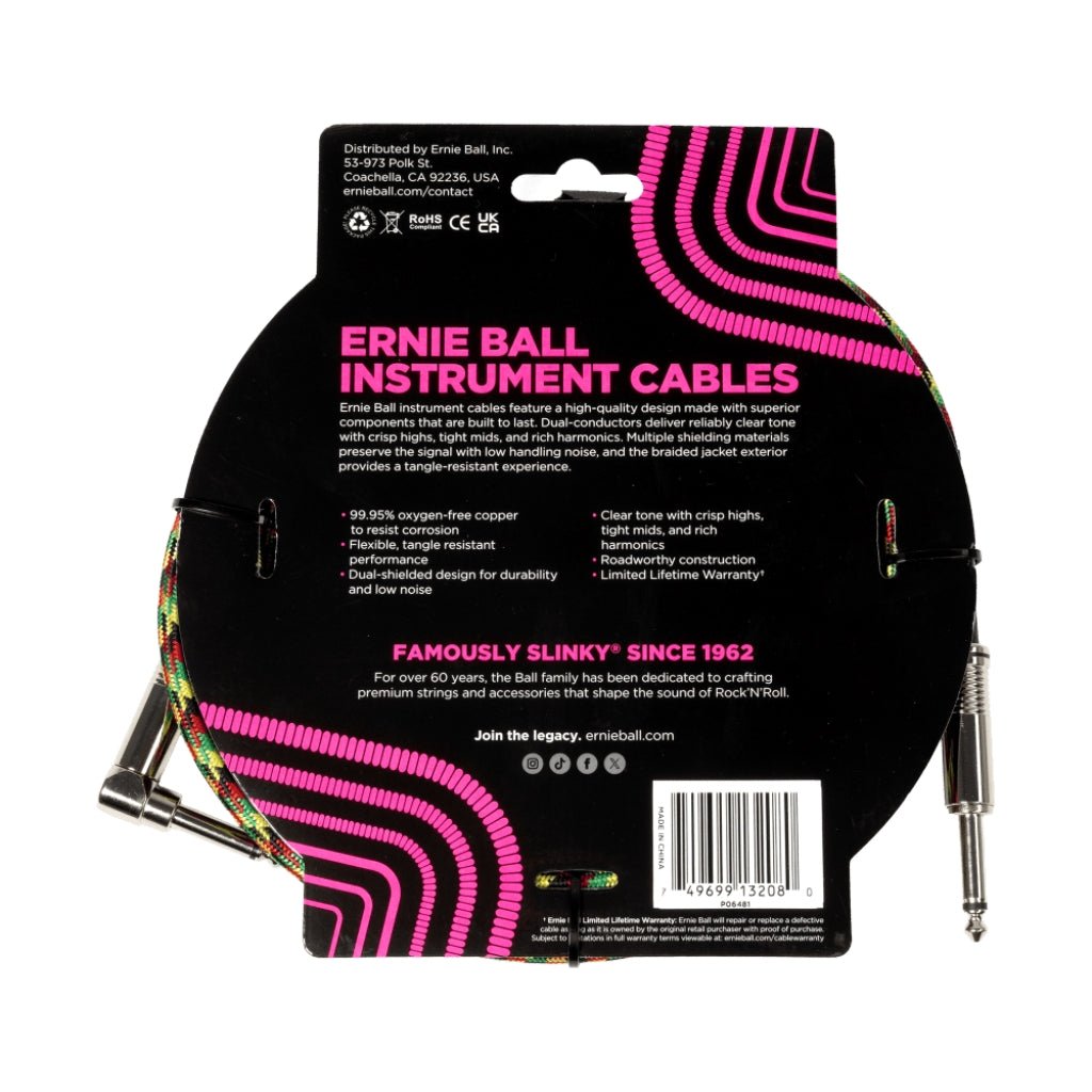 Ernie Ball Braided Instrument Cable - 1/4-inch TS to 1/4-inch TS Angled, 10 feet, Good Vibrations Instrument Cables Sky Music