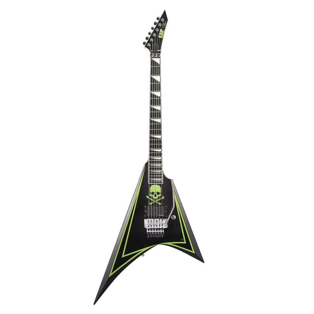 ESP Custom Shop Alexi Greeney Electric Guitar - Black w/Lime Green Pinstripe & Skull Electric Guitars Sky Music