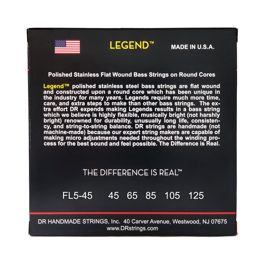 DR - Legend Polished Flatwound 5-string Stainless Steel Bass Strings - Medium 45-125