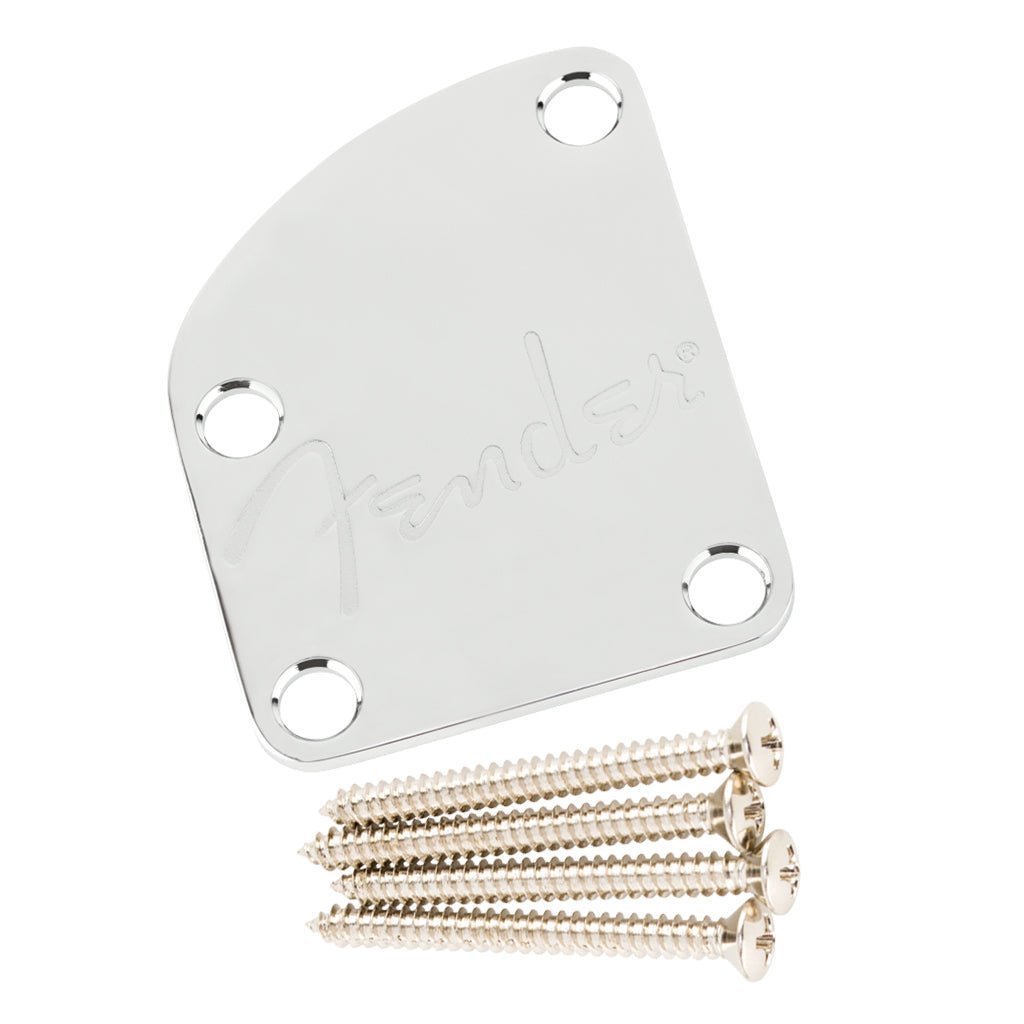 Fender 4 Bolt Deluxe Series Contoured Neck Plate with Logo in Chrome Guitar Spare Parts Sky Music