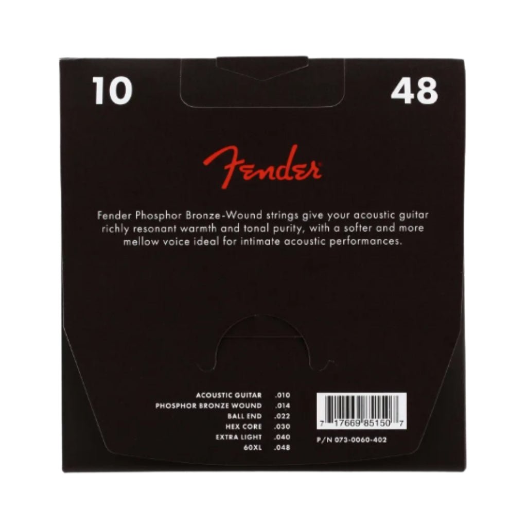 Fender 60XL Phosphor Bronze Acoustic Guitar Strings - .010-.048 Extra Light Fretted Instrument Strings Sky Music