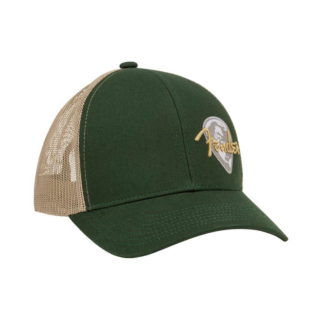 Fender Globe Pick Patch 6-Panel Trucker Hat - Green/Khaki, One Size Merchandise &amp; Apparel Sky Music