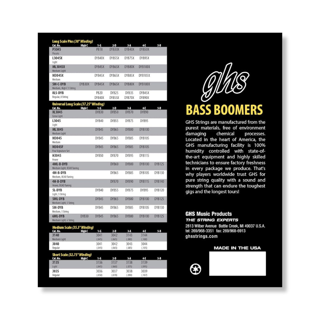 GHS M3045F Flea Signature Bass Boomers Roundwound Electric Bass Strings - Medium .045-.105 Long Scale Bass Strings Sky Music