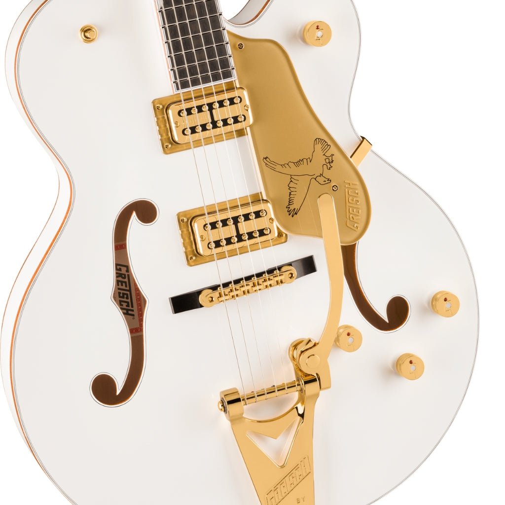 Gretsch Falcon Hollow Body Ebony Fingerboard with String Thru Bigsby and Gold Hardware - White Electric Guitars Sky Music