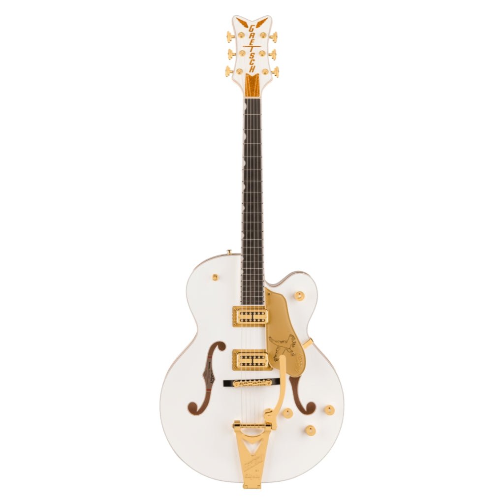 Gretsch Falcon Hollow Body Ebony Fingerboard with String Thru Bigsby and Gold Hardware - White Electric Guitars Sky Music