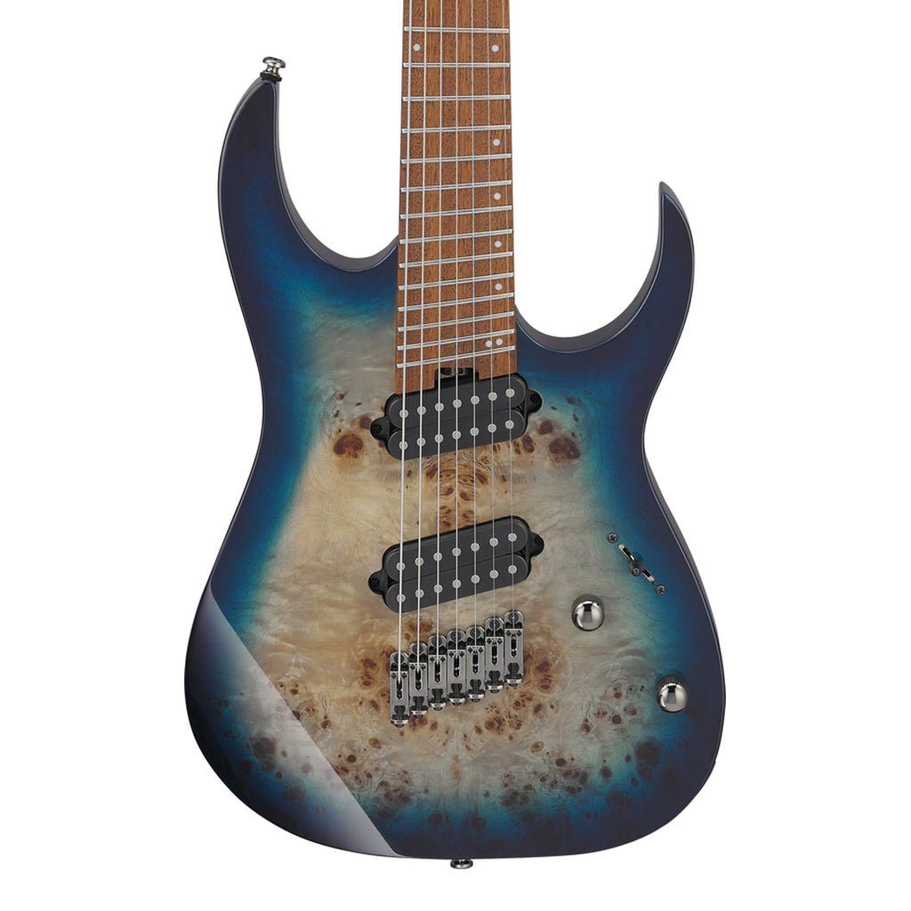 Ibanez RGMS7PB 7-String Electric Guitar with Poplar Burl Top and Jatoba Fretboard - Cosmic Blue Star Burst Electric Guitars Sky Music