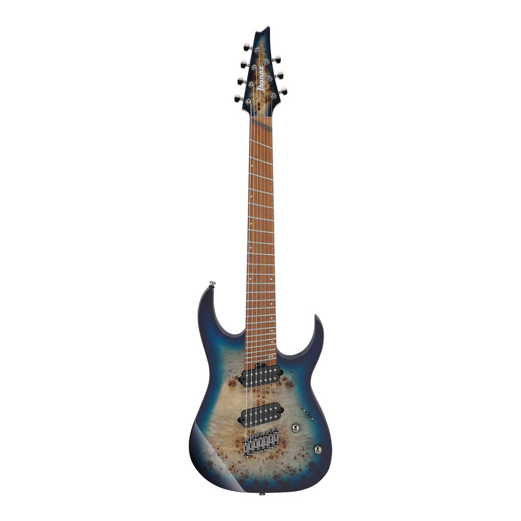 Ibanez RGMS7PB 7-String Electric Guitar with Poplar Burl Top and Jatoba Fretboard - Cosmic Blue Star Burst Electric Guitars Sky Music