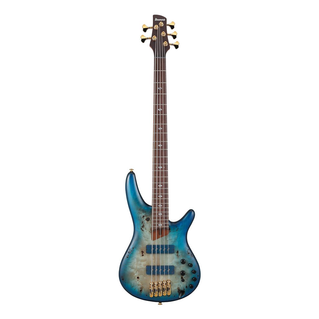 Ibanez SR6605 5-String Bass Mappa Burl Top with Rosewood Fretboard and Case - Ghost Fleet Blue Burst Bass Guitars Sky Music